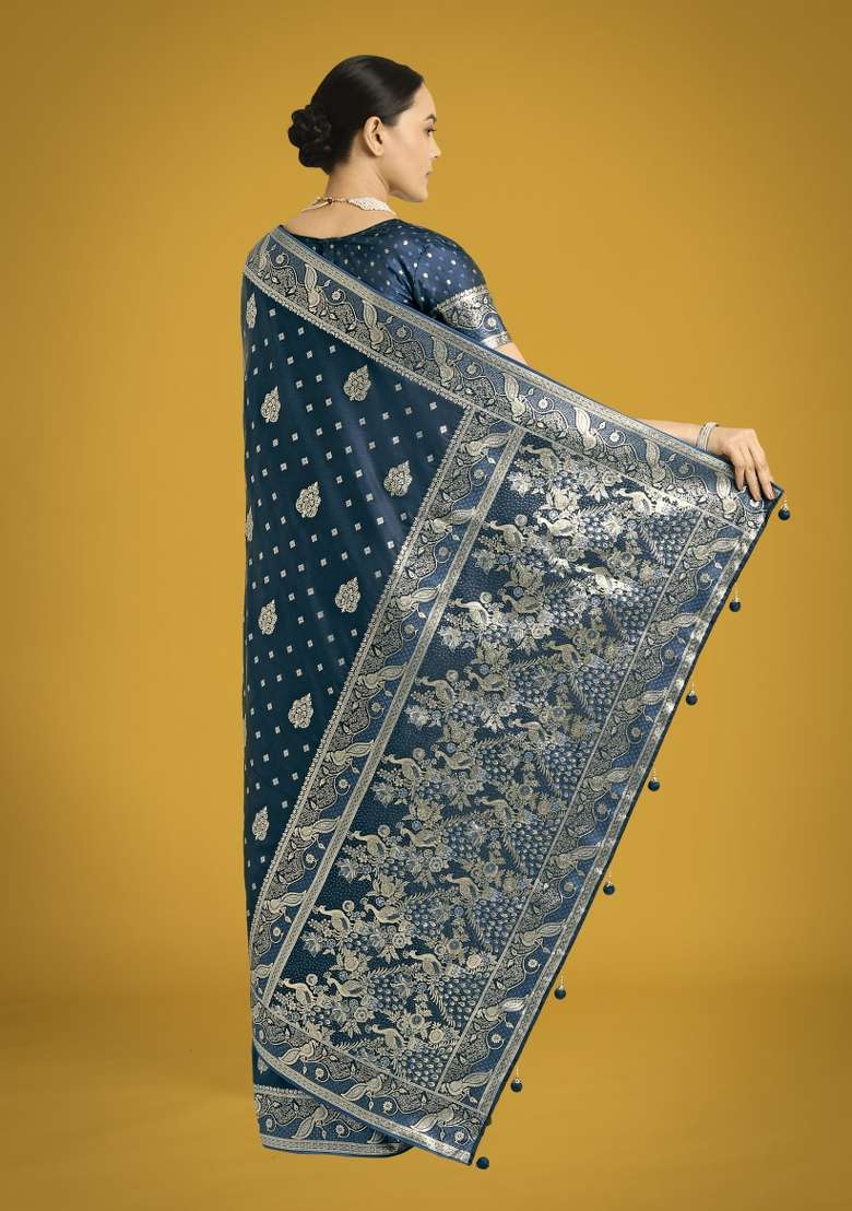 Turquoise Woven Silk Saree Set for Diwali | Wedding & Festive Wear - Indya