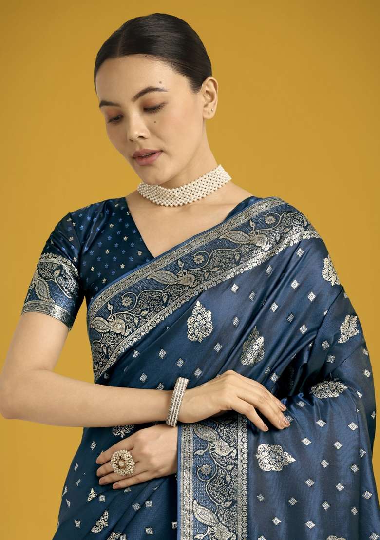 Turquoise Woven Silk Saree Set for Diwali | Wedding & Festive Wear - Indya