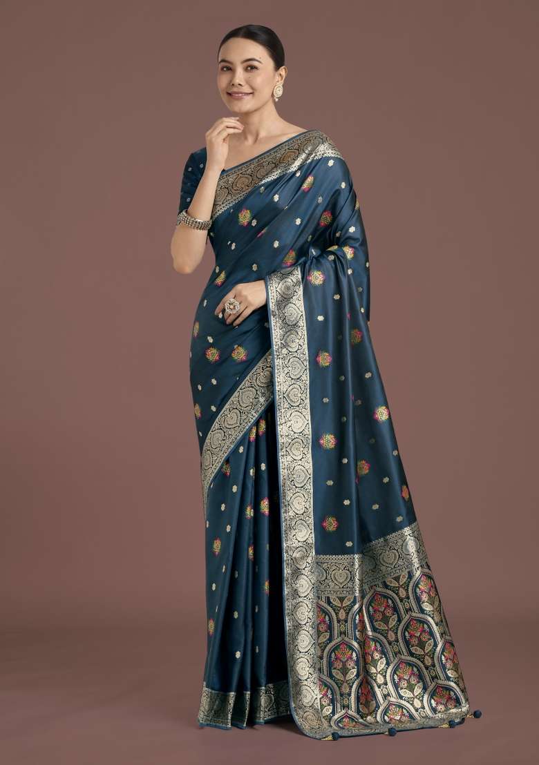 Turquoise Woven Silk Saree Set for Diwali | Wedding & Festive Wear - Indya