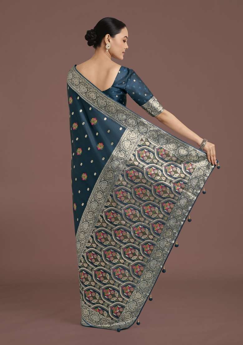 Turquoise Woven Silk Saree Set for Diwali | Wedding & Festive Wear - Indya