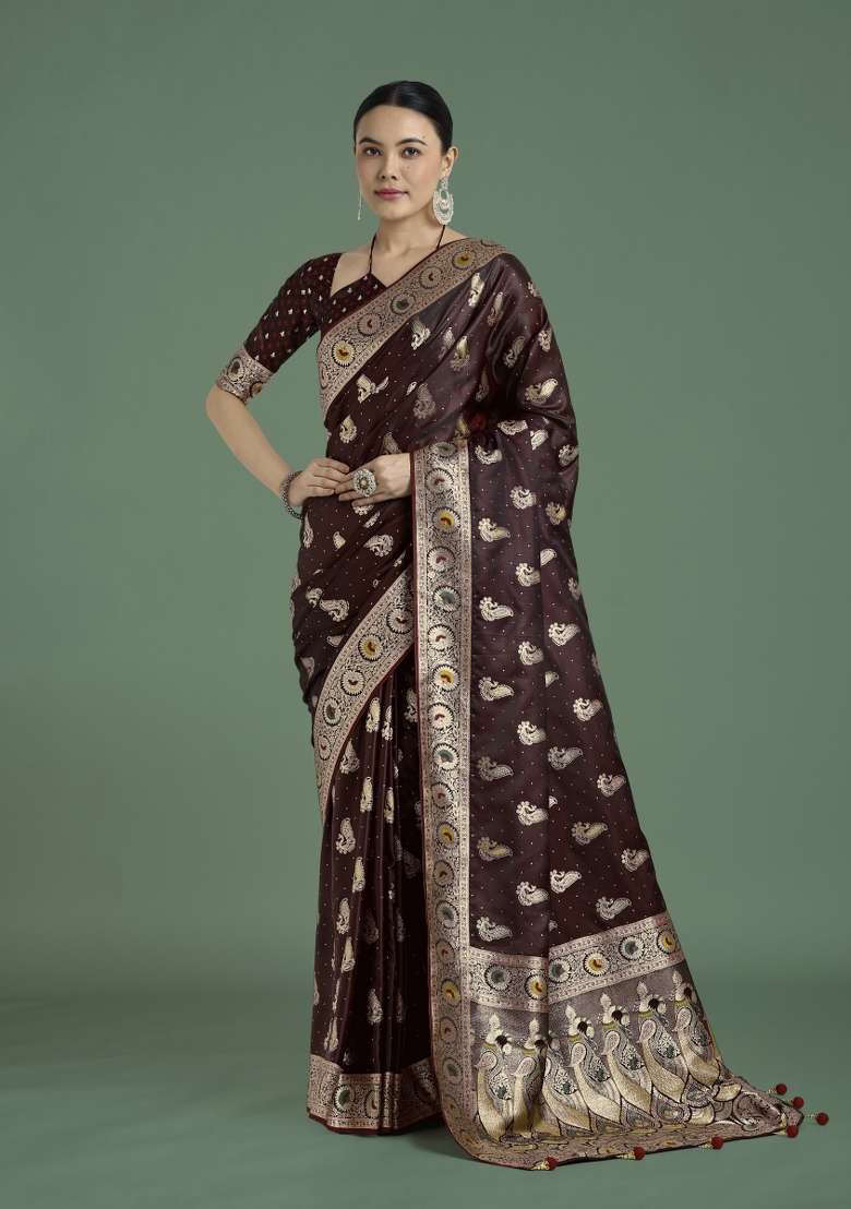 Maroon Woven Silk Saree Set for Diwali and Festive Wear - Indya