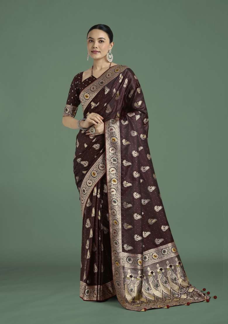 Maroon Woven Silk Saree Set for Diwali and Festive Wear - Indya