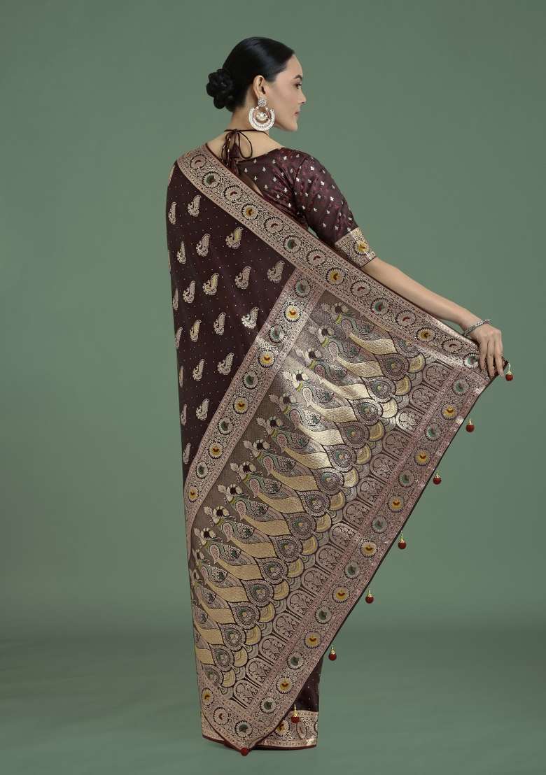 Maroon Woven Silk Saree Set for Diwali and Festive Wear - Indya