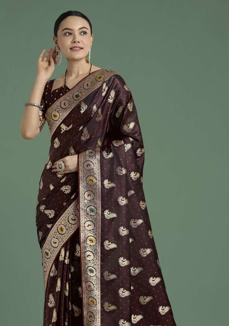 Maroon Woven Silk Saree Set for Diwali and Festive Wear - Indya