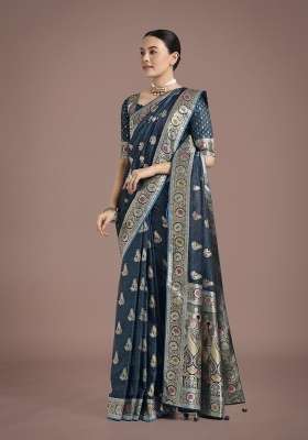 Turquoise Woven Silk Saree Set