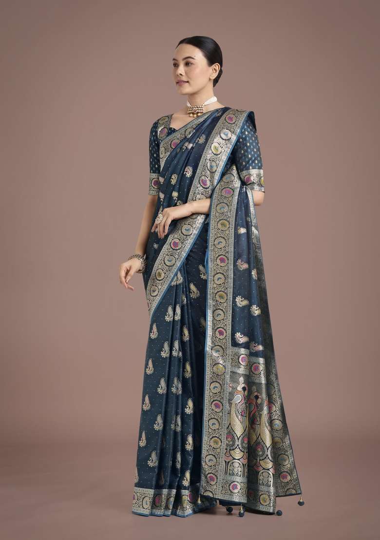 Turquoise Woven Silk Saree Set for Diwali | Wedding & Festive Wear - Indya