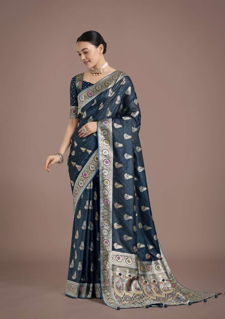 Turquoise Woven Silk Saree Set for Diwali | Wedding & Festive Wear - Indya