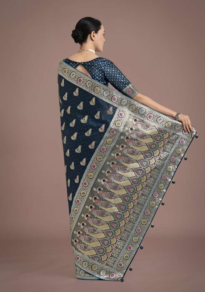 Turquoise Woven Silk Saree Set for Diwali | Wedding & Festive Wear - Indya