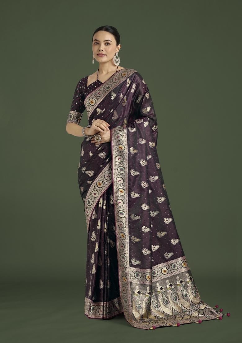 Wine Woven Silk Saree Set - Indya