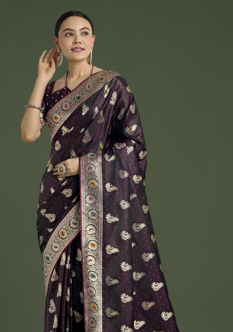 Wine Woven Silk Saree Set - Indya