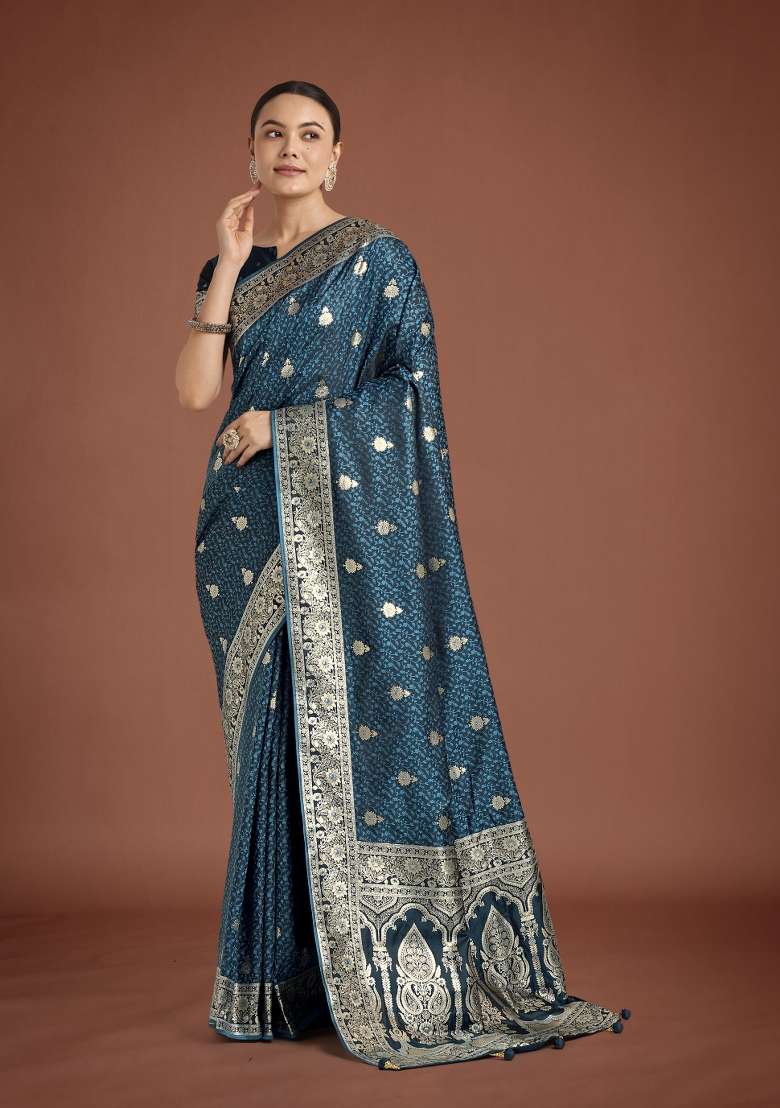Turquoise Woven Silk Saree Set for Diwali and Festive Wear - Indya