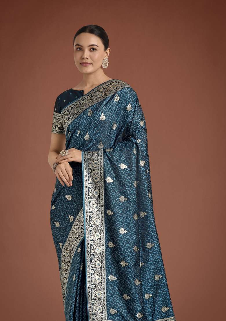 Turquoise Woven Silk Saree Set for Diwali and Festive Wear - Indya