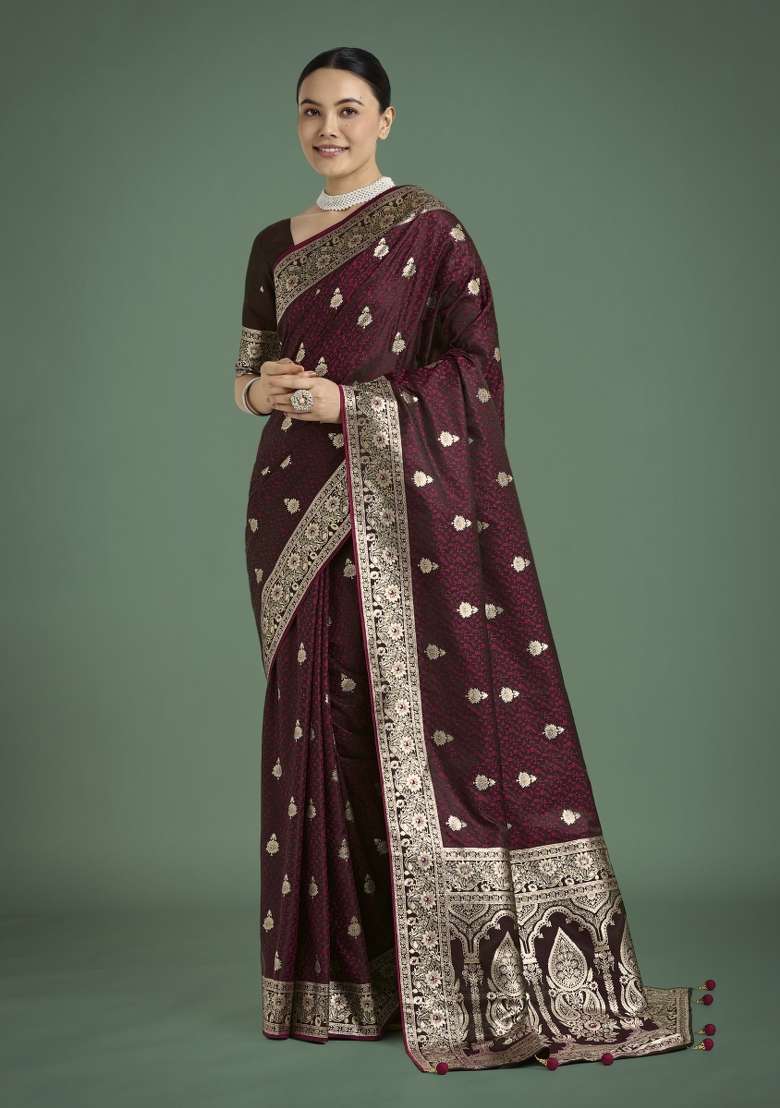 Maroon Woven Silk Saree Set for Diwali | Wedding & Festive Wear - Indya