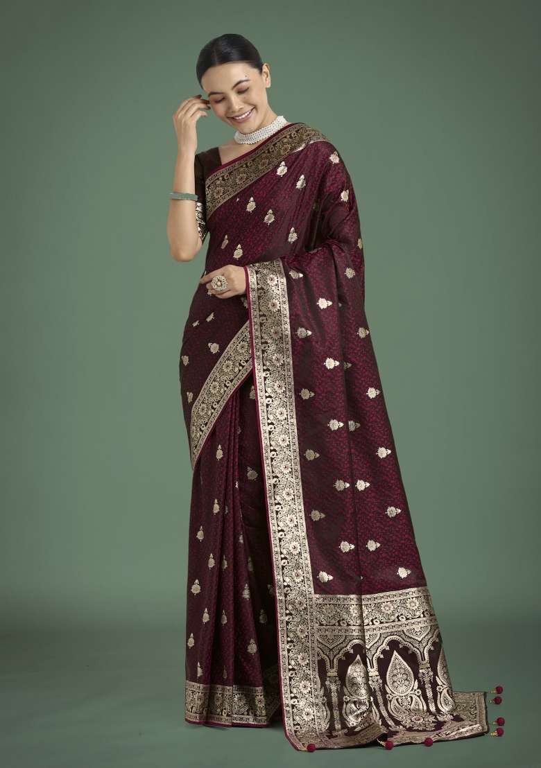 Maroon Woven Silk Saree Set for Diwali | Wedding & Festive Wear - Indya