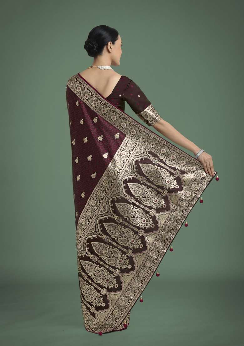 Maroon Woven Silk Saree Set for Diwali | Wedding & Festive Wear - Indya