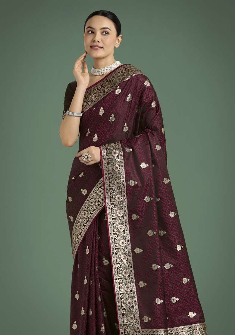 Maroon Woven Silk Saree Set for Diwali | Wedding & Festive Wear - Indya