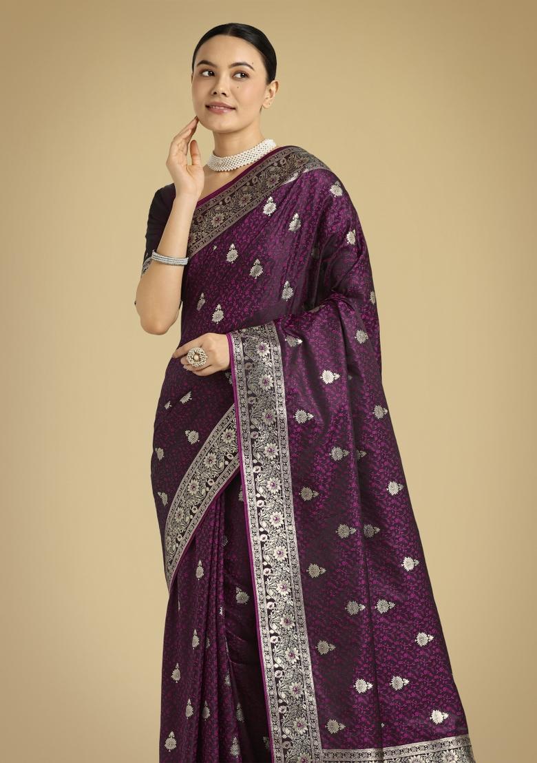 Wine Woven Silk Saree Set - Indya