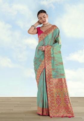 Sky Blue Woven Silk Saree Set