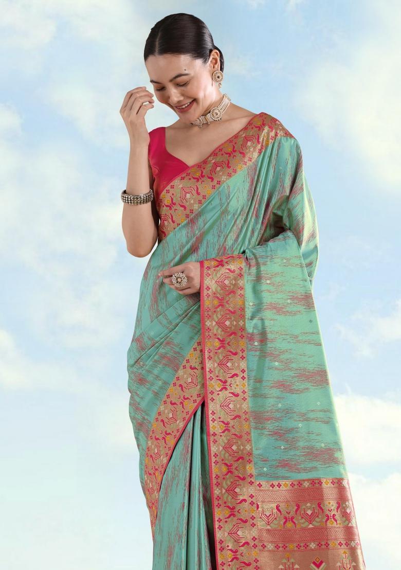 Sky Blue Woven Silk Saree Set - Indya
