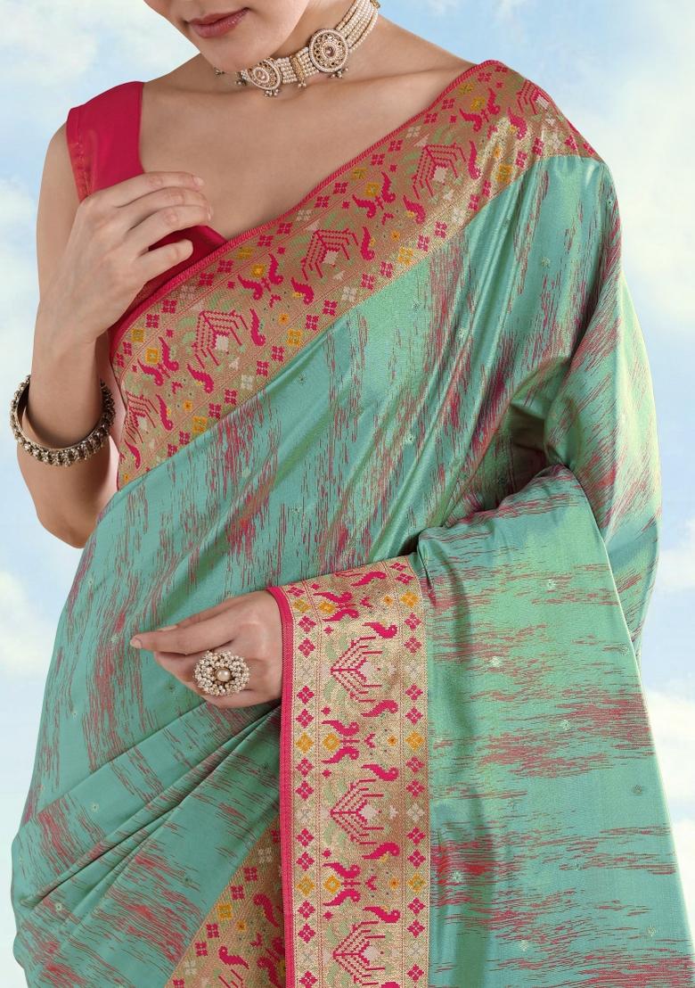 Sky Blue Woven Silk Saree Set - Indya