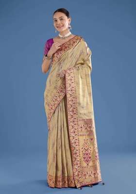 Cream Woven Silk Saree Set
