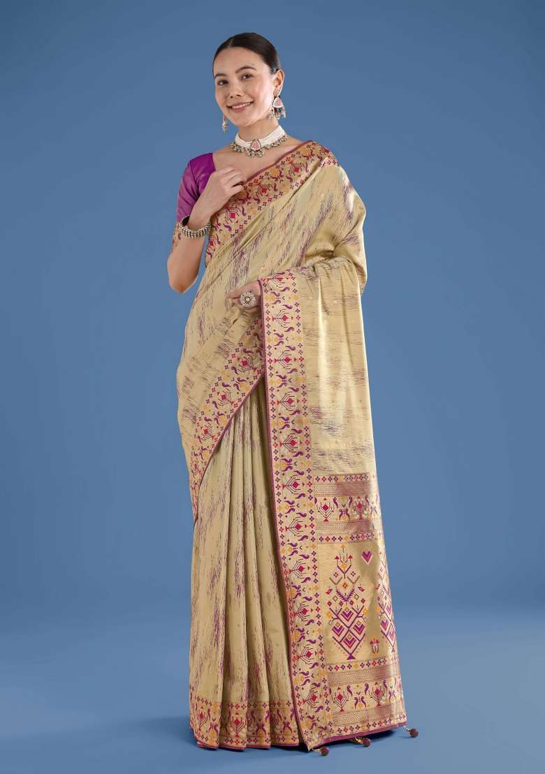 Cream Woven Silk Saree Set for Diwali | Wedding & Festive Wear - Indya