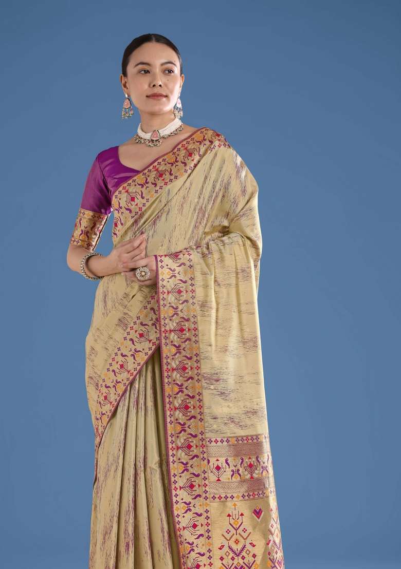 Cream Woven Silk Saree Set for Diwali | Wedding & Festive Wear - Indya