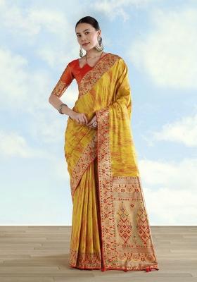Yellow Woven Silk Saree Set