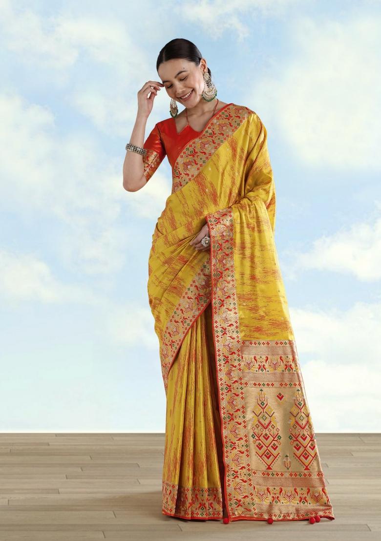 Yellow Woven Silk Saree Set - Indya