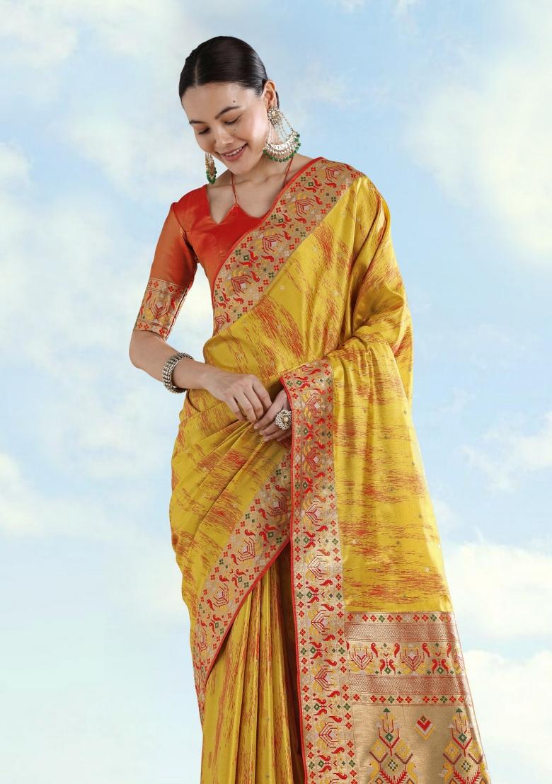 Yellow Woven Silk Saree Set - Indya