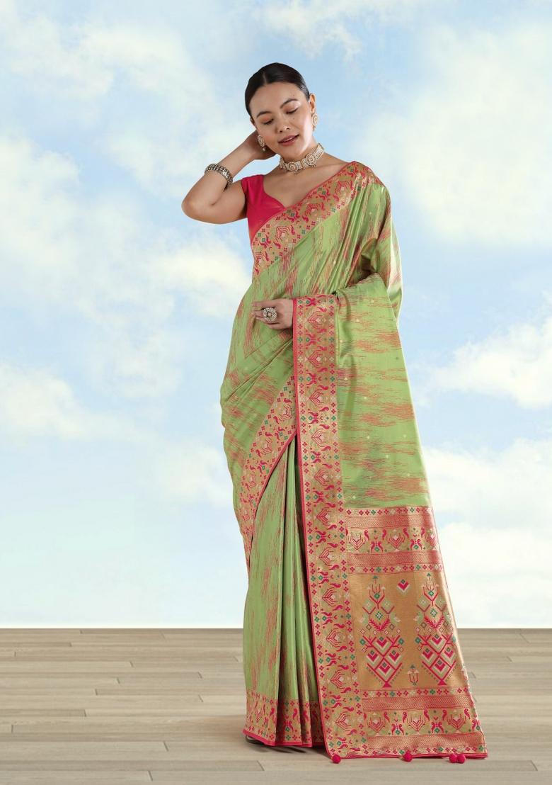 Light Green Woven Silk Saree Set - Indya