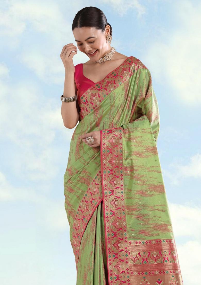 Light Green Woven Silk Saree Set - Indya