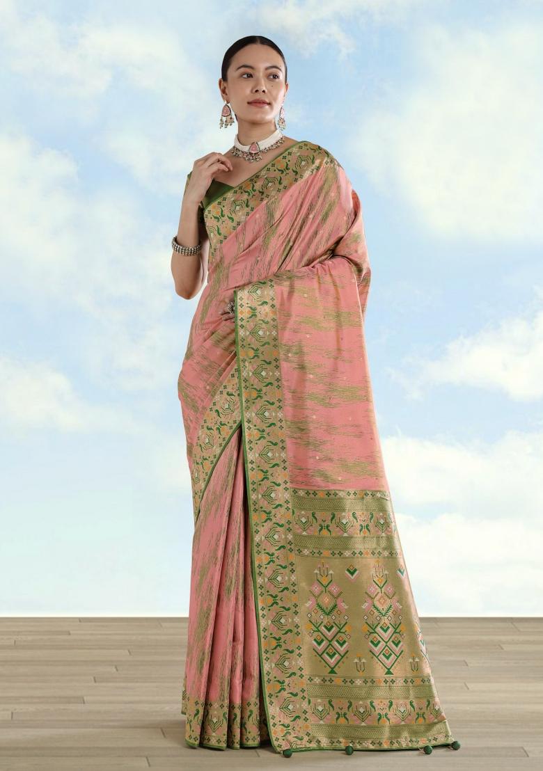 Baby Pink Woven Silk Saree Set - Indya