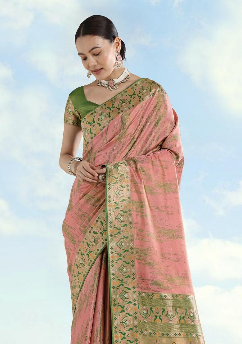 Baby Pink Woven Silk Saree Set - Indya