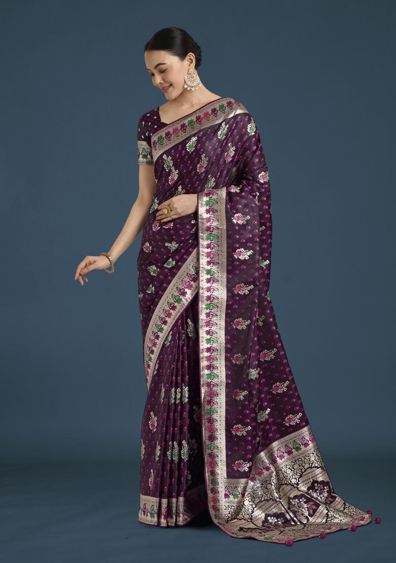 Wine Woven Silk Saree Set - Indya
