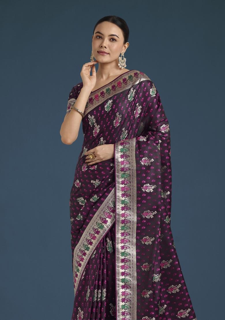 Wine Woven Silk Saree Set - Indya