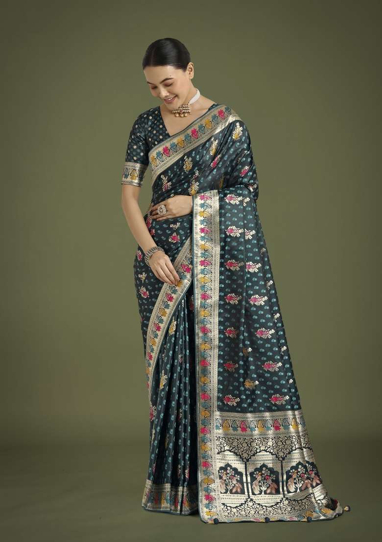 Turquoise Woven Silk Saree Set for Diwali | Wedding & Festive Wear - Indya
