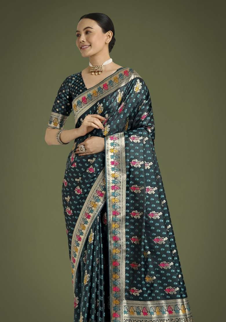 Turquoise Woven Silk Saree Set for Diwali | Wedding & Festive Wear - Indya
