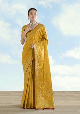 Yellow Woven Silk Saree Set