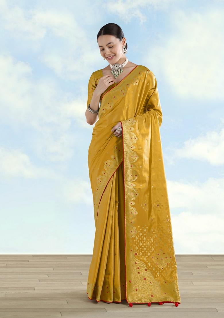 Yellow Woven Silk Saree Set - Indya