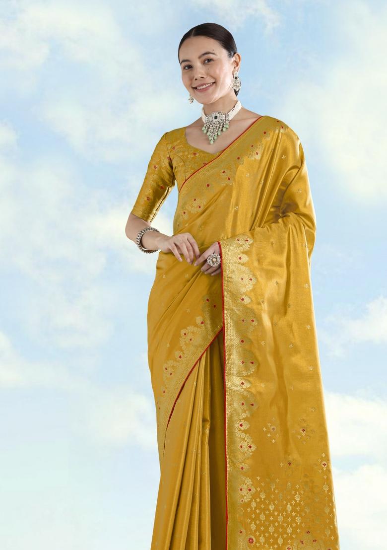 Yellow Woven Silk Saree Set - Indya