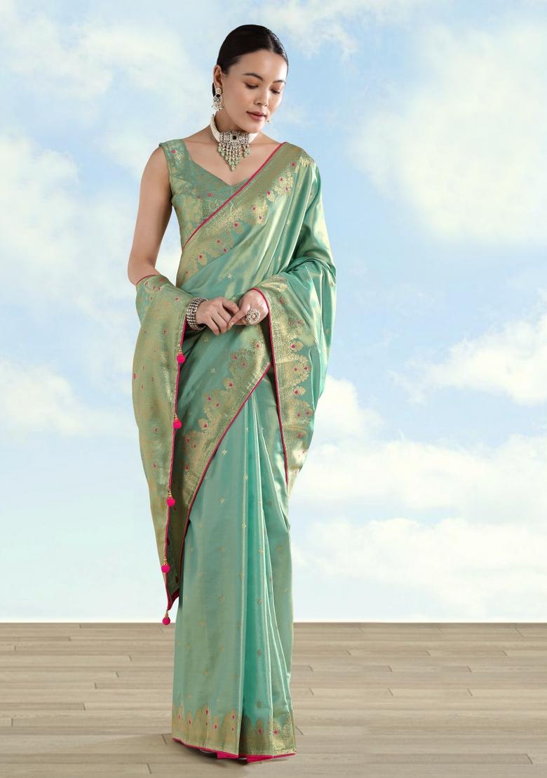 Light Green Woven Silk Saree Set - Indya
