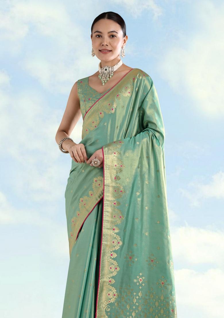 Light Green Woven Silk Saree Set - Indya