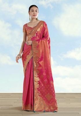 Pink Woven Silk Saree Set