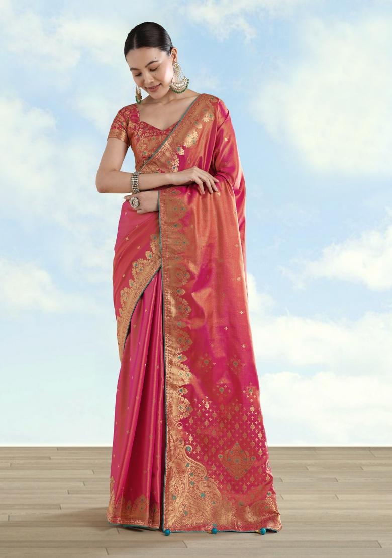 Pink Woven Silk Saree Set - Indya