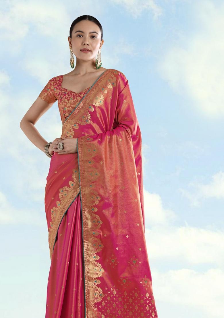 Pink Woven Silk Saree Set - Indya