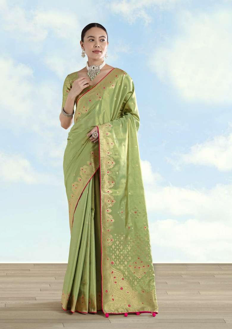 Parrot Green Woven Silk Saree Set for Diwali | Wedding & Festive Wear - Indya