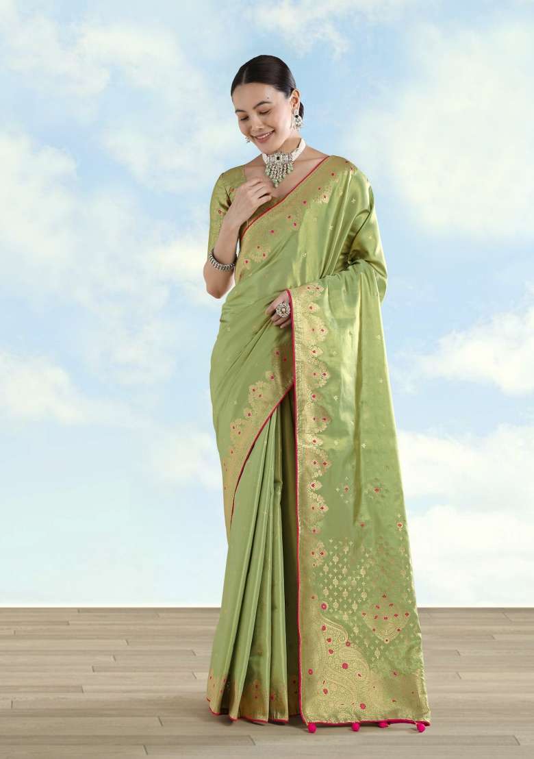 Parrot Green Woven Silk Saree Set for Diwali | Wedding & Festive Wear - Indya