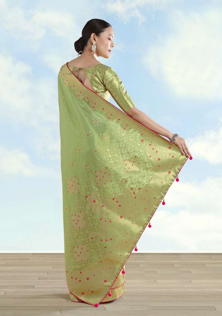 Parrot Green Woven Silk Saree Set for Diwali | Wedding & Festive Wear - Indya
