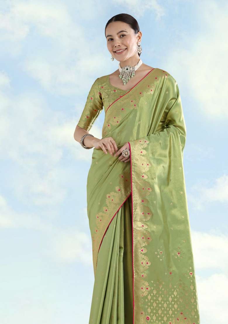Parrot Green Woven Silk Saree Set for Diwali | Wedding & Festive Wear - Indya